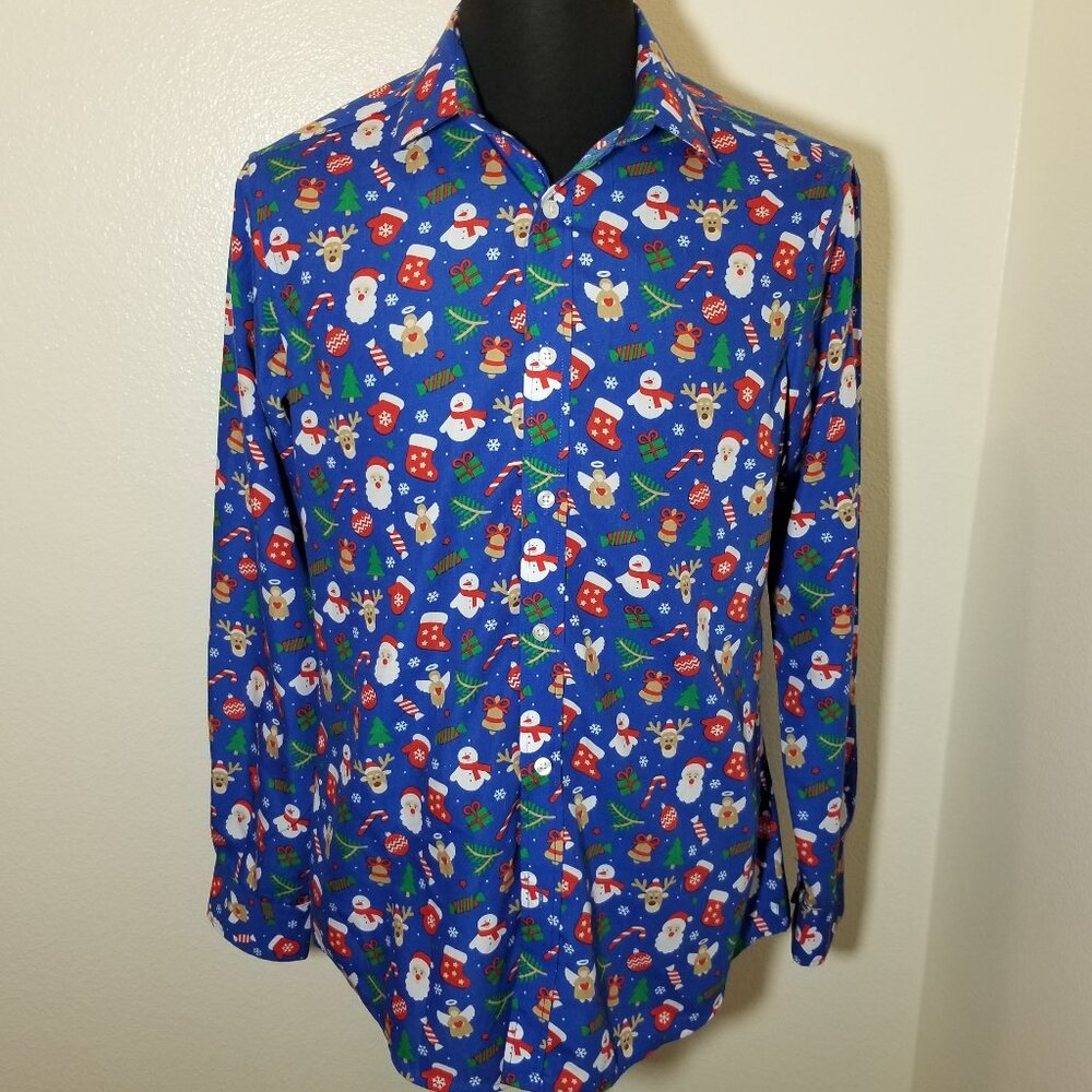 Simon Banks Mens‎ Medium Christmas Button Up Shirt Blue Long Sleeve Santa Angels